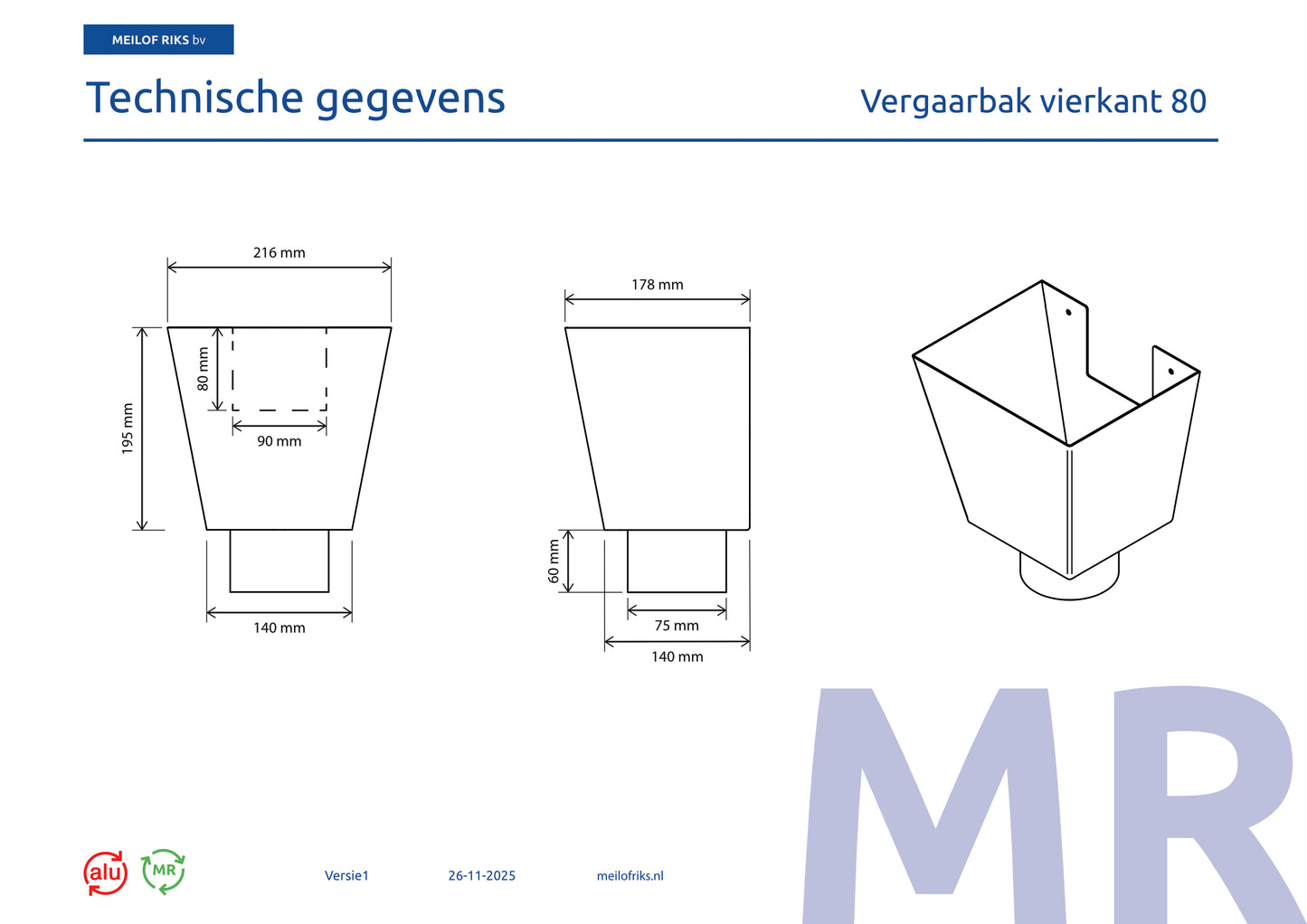 Aluminium Vergaarbak Vierkant 200x250 Ø80mm Crème